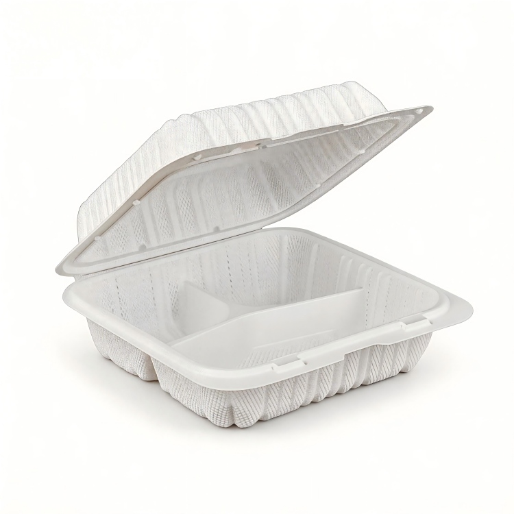8x8x3 Inch 3 Compartment Food Grade MFPP Clamshell Containers, Microwave Safe Disposable Divided Takeout Lunch Boxes for Meal Prep